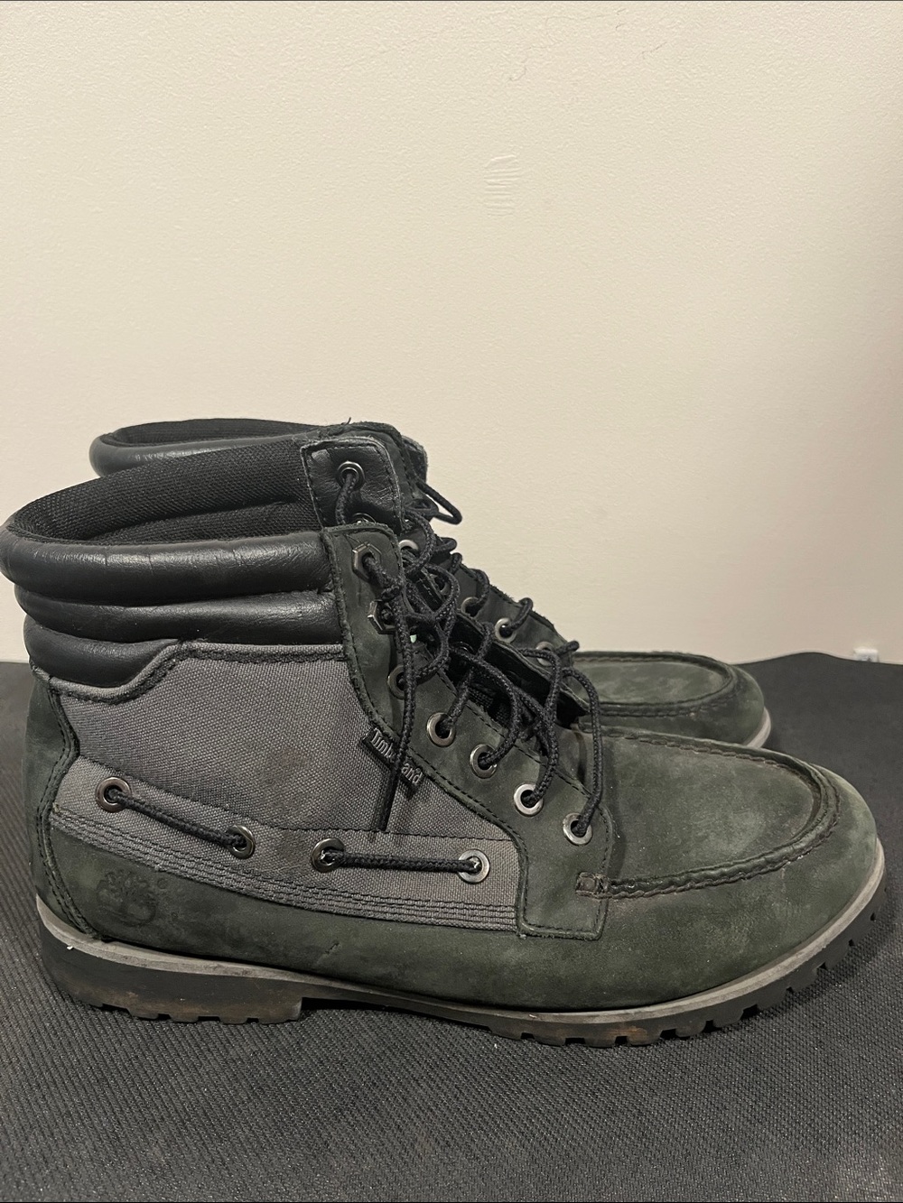 Timberland Oakwell 7-Eye Suede Boots Men Size 10 Black Olive Moc-Toe Shoes